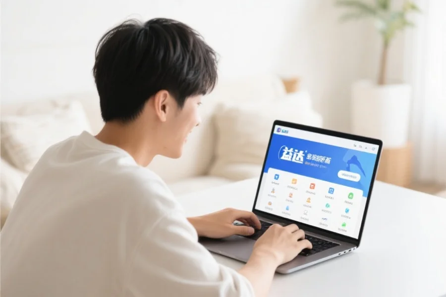 一位年轻用户在明亮舒适的室内环境中愉快地使用笔记本电脑，屏幕上展示V8哈希客户端新版界面